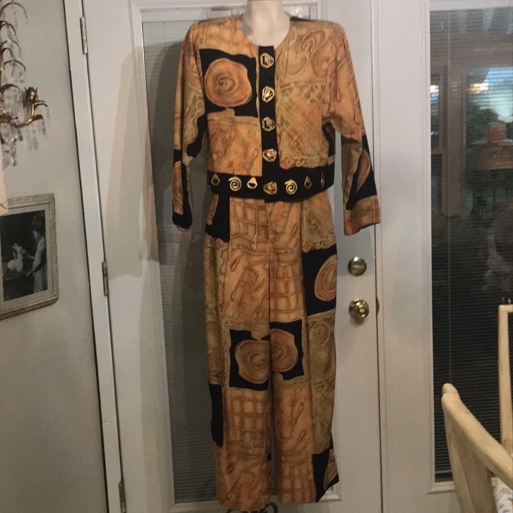 Vintage Tan and Cream Maxi Pantsuit with Flowing Silhouette